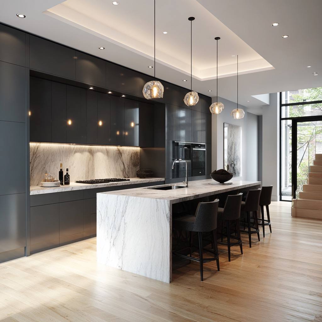 Modern matte black kitchen with marble waterfall island, glass globe pendants, and light oak floors in a luxury Toronto home