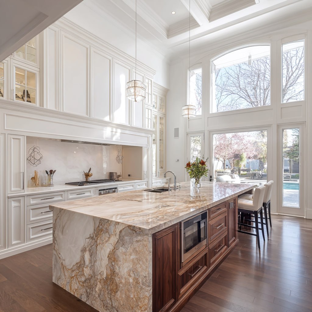 Traditional luxury white kitchen with walnut island and marble counter in a GTA estate home