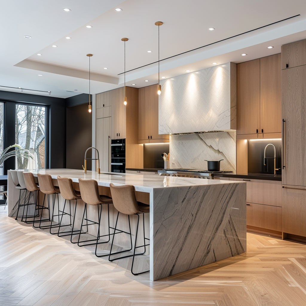 Custom light oak kitchen with quartzite waterfall island, plaster range hood, and chevron floors in a luxury Toronto home renovation