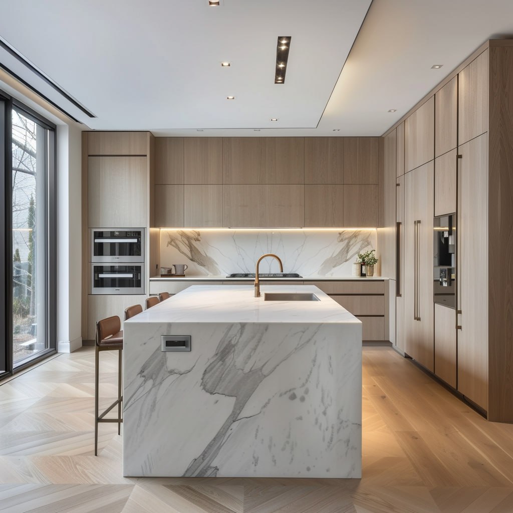 Modern light oak kitchen with white marble waterfall island, integrated appliances, and chevron oak flooring in a luxury Toronto home