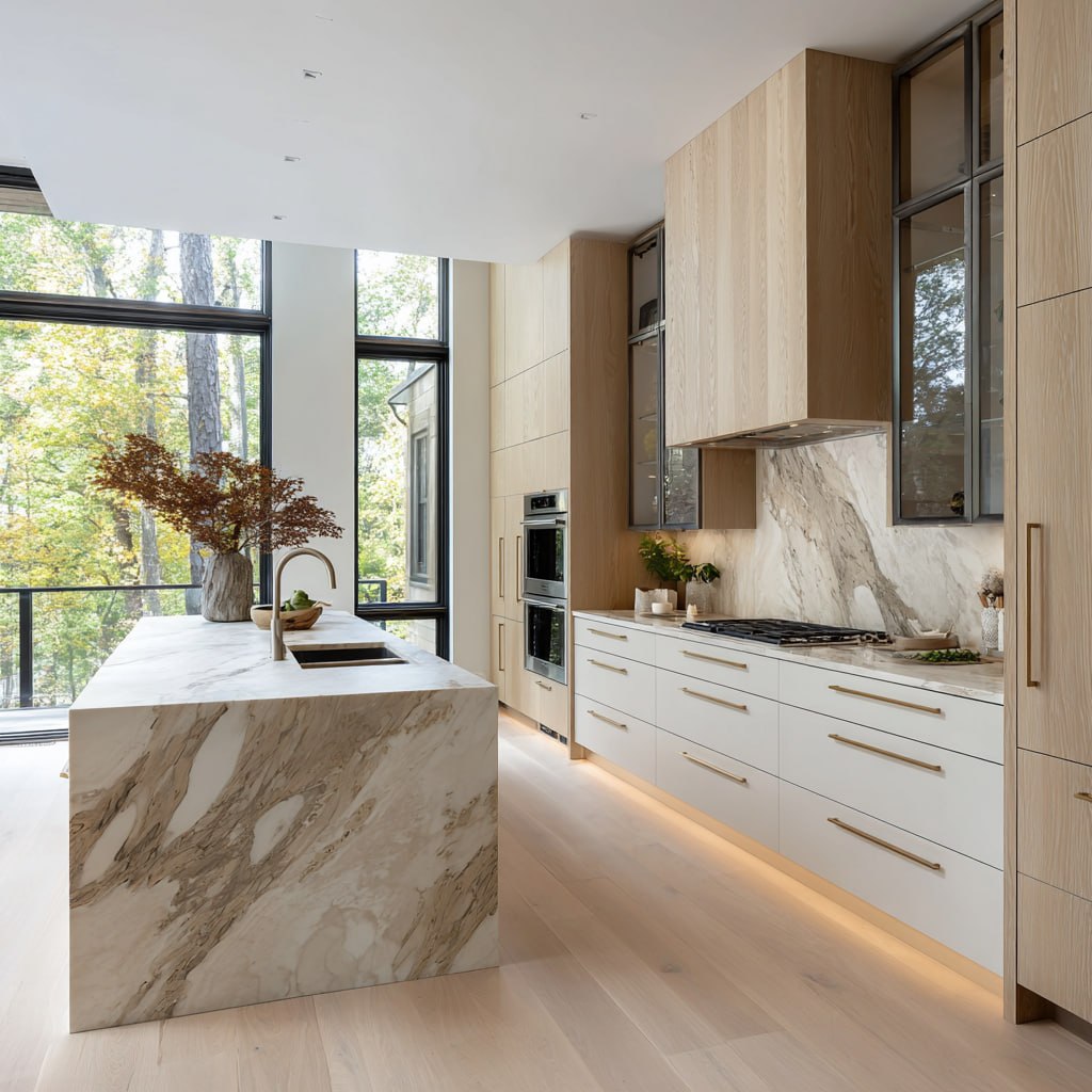 Custom white oak kitchen with veined marble waterfall island, glass display cabinets, and forest-view windows in a luxury Ontario home