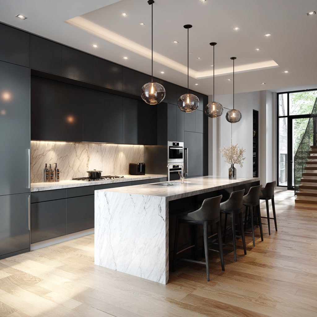 Modern matte black kitchen with marble waterfall island and cluster glass pendant lights in a luxury Toronto home renovation
