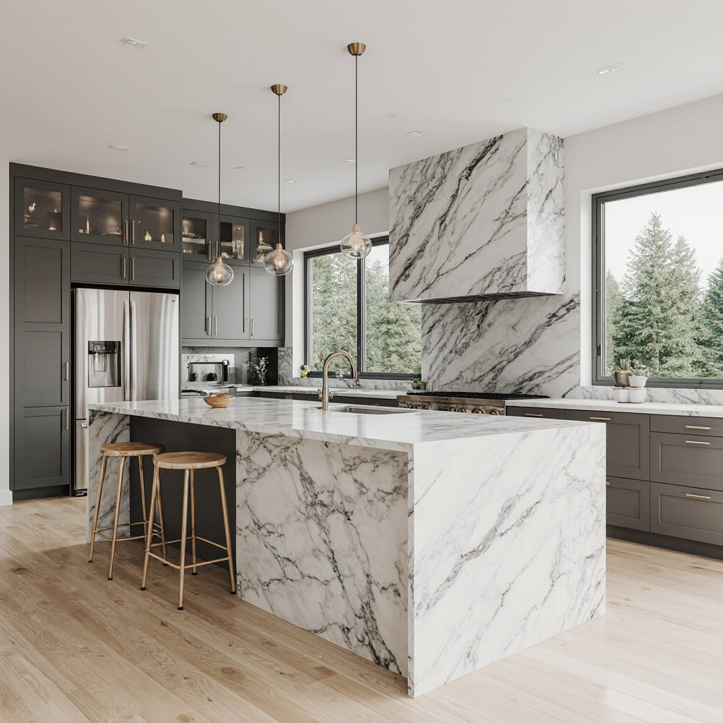 Custom charcoal shaker kitchen with dramatic marble waterfall island and full-height marble range wall in a luxury Ontario home