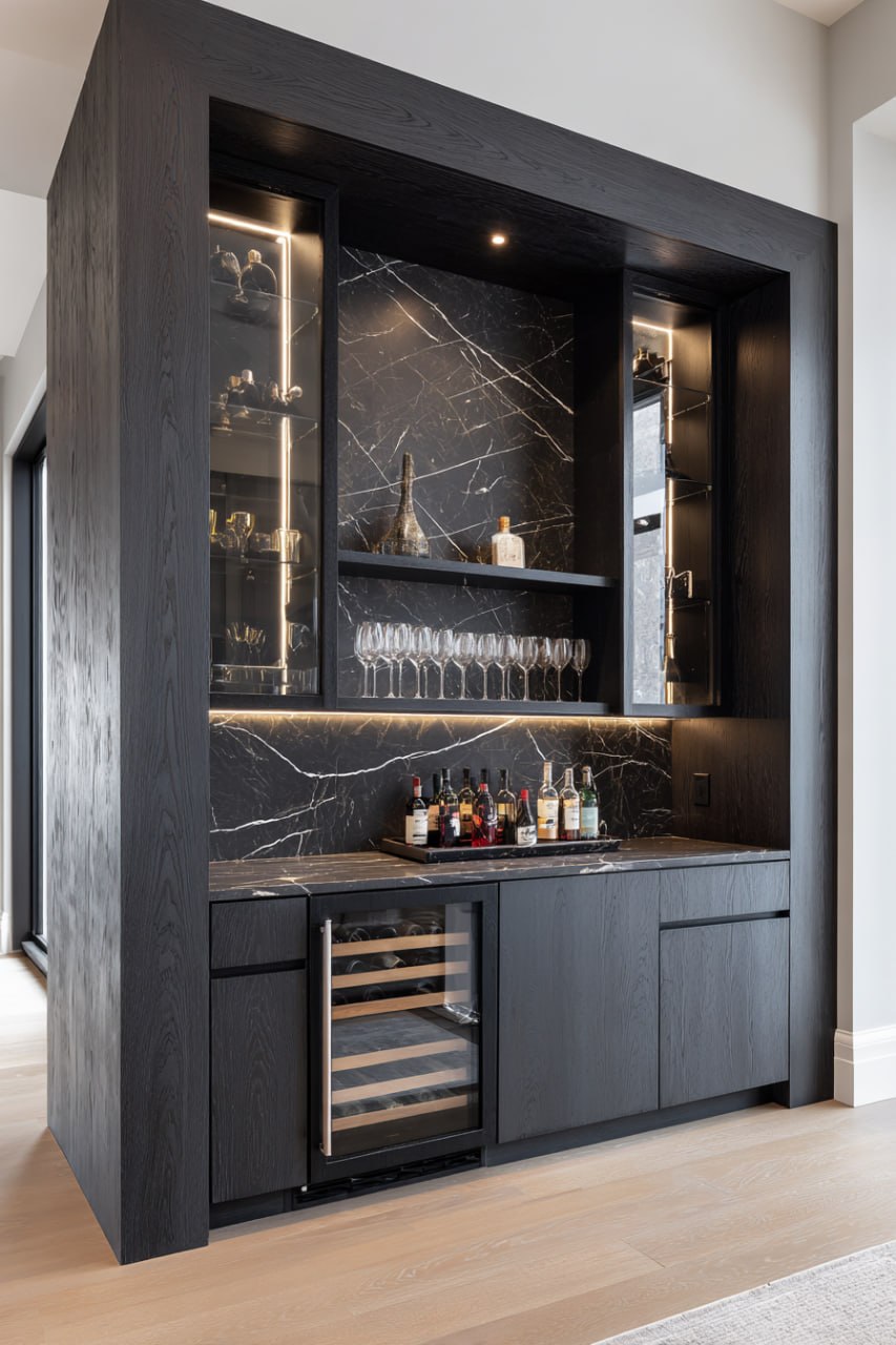 Custom black oak home bar with dark marble backsplash, glass display cabinets, and integrated wine fridge in a luxury Toronto home