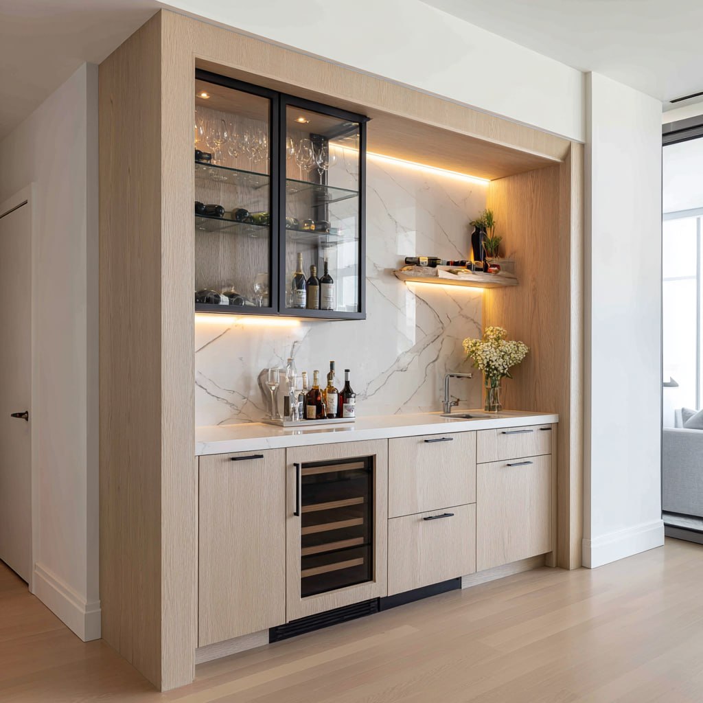 Custom light oak
built-in wet bar with marble backsplash in a Toronto condo