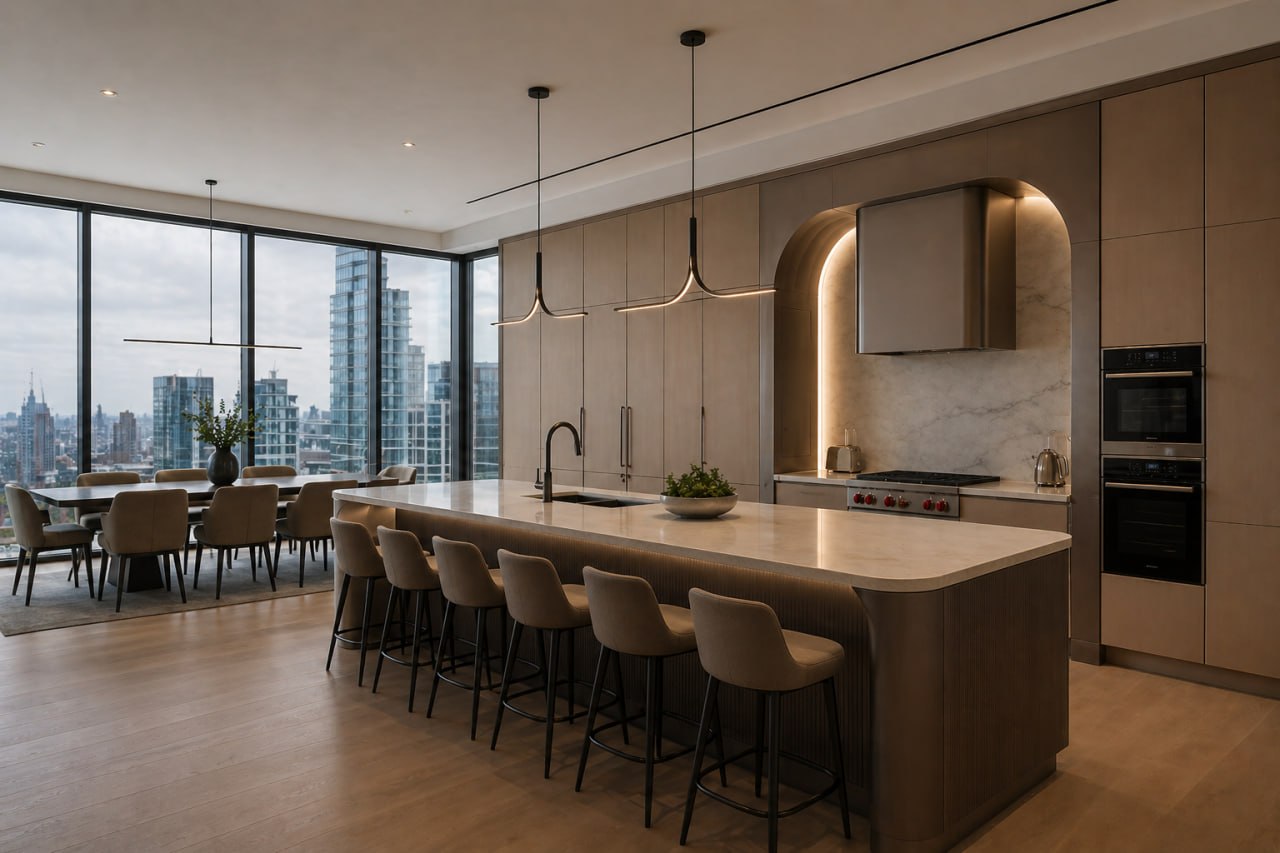 Floor-to-ceiling oak
kitchen with arched marble cooking alcove in a luxury Toronto penthouse