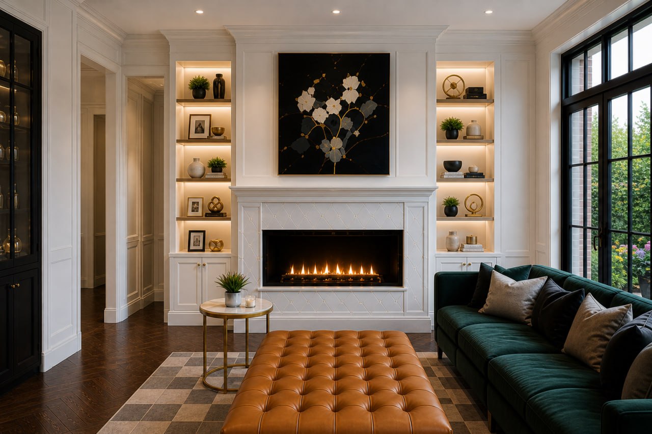 Custom white painted
built-in millwork flanking a linear fireplace in a luxury Toronto living room