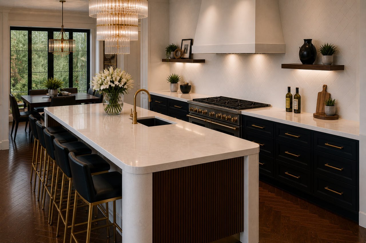 Custom  
  black and white luxury kitchen with quartz waterfall island in a Toronto home renovation