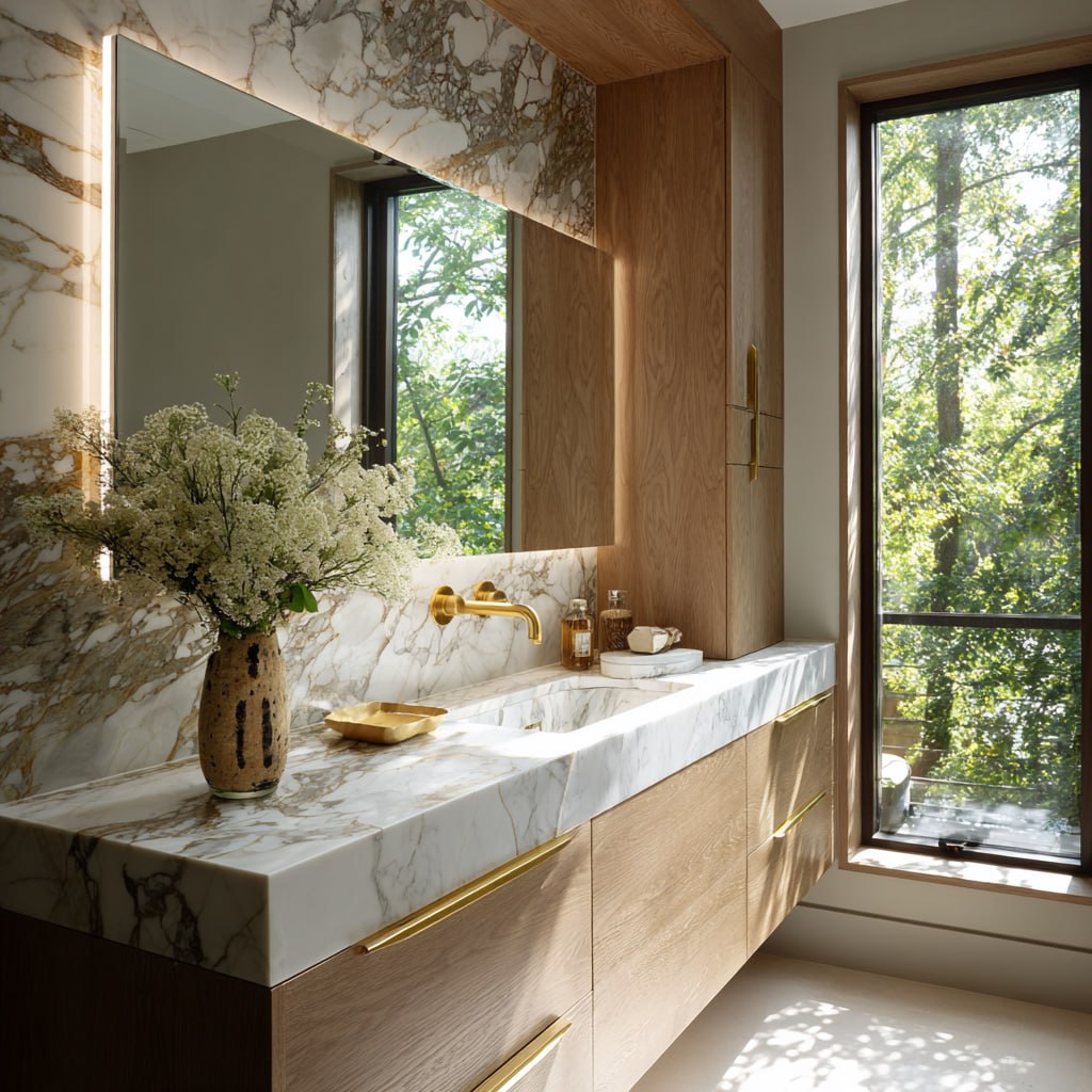 White oak vanity with
Calacatta marble countertop in a luxury Ontario bathroom renovation