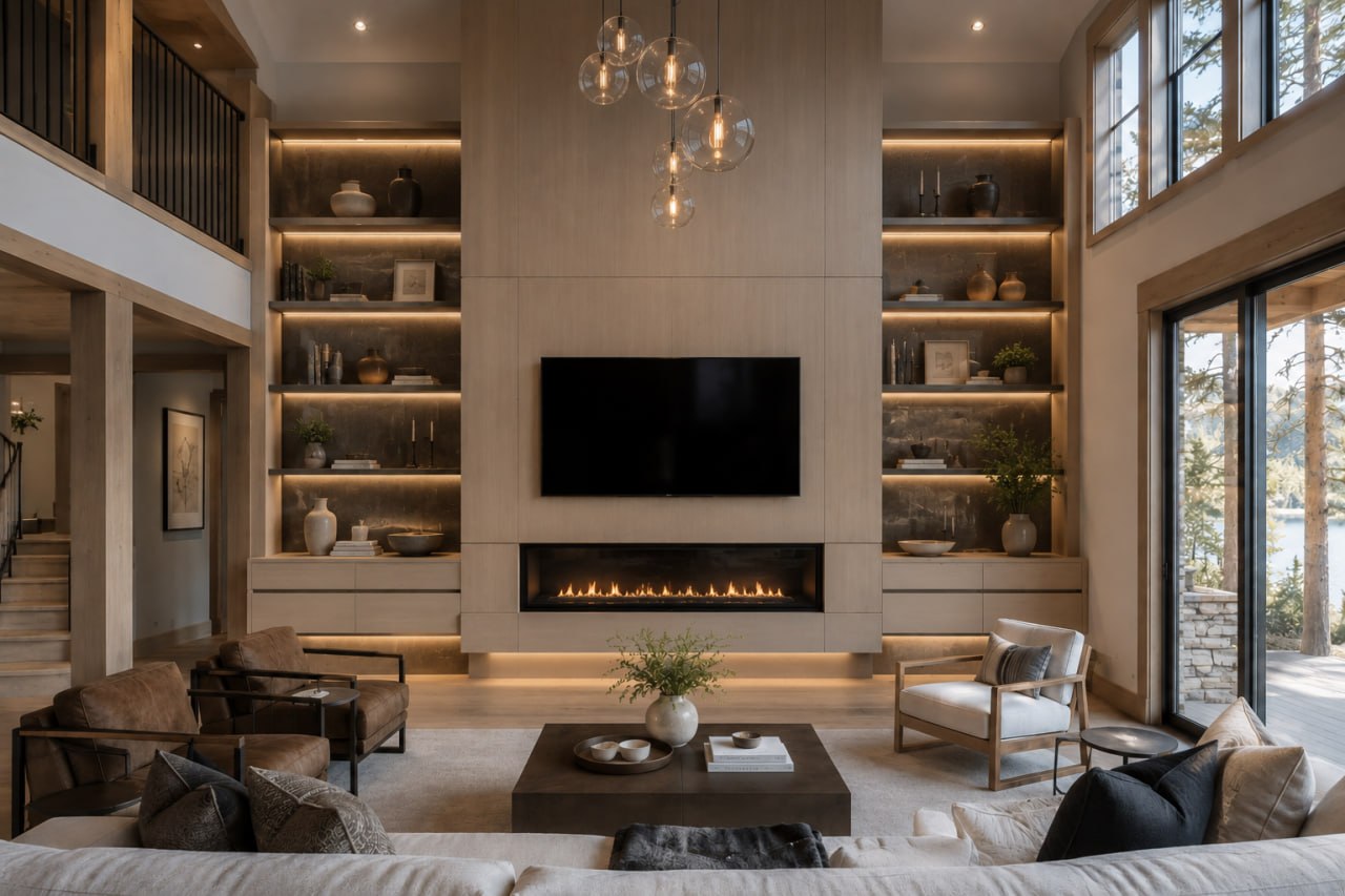 Custom built-in millwork with linear fireplace, integrated TV niche, and oak display shelving in a luxury Ontario lakeside great room