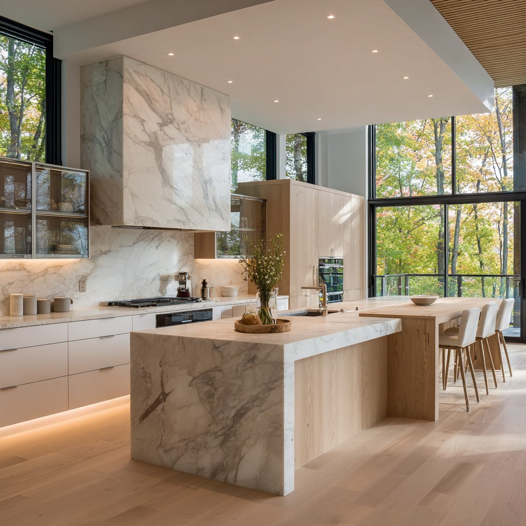 White oak and marble
waterfall island kitchen in a luxury GTA home