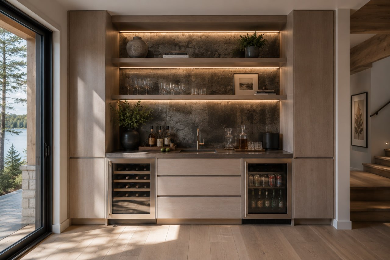 Custom white oak home bar with antiqued mirror backsplash, integrated wine fridge, and floating shelves in a luxury Ontario lakeside home