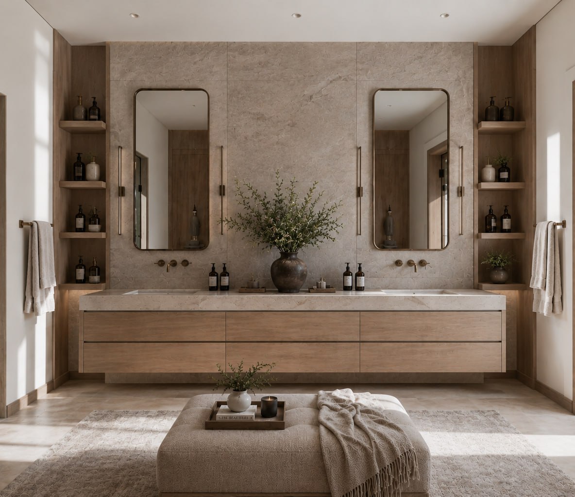 Custom oak floating double vanity with natural stone wall, integrated shelving, and brass fixtures in a luxury Toronto bathroom renovation